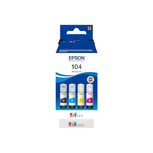 Epson 104, Inchiostri originali dye a 4 colori ciano, magenta, giallo, nero Flacone da 65 ml, EcoTank 104